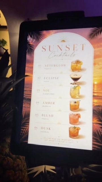 Sunset Cocktails iPad menu with six named signature drinks